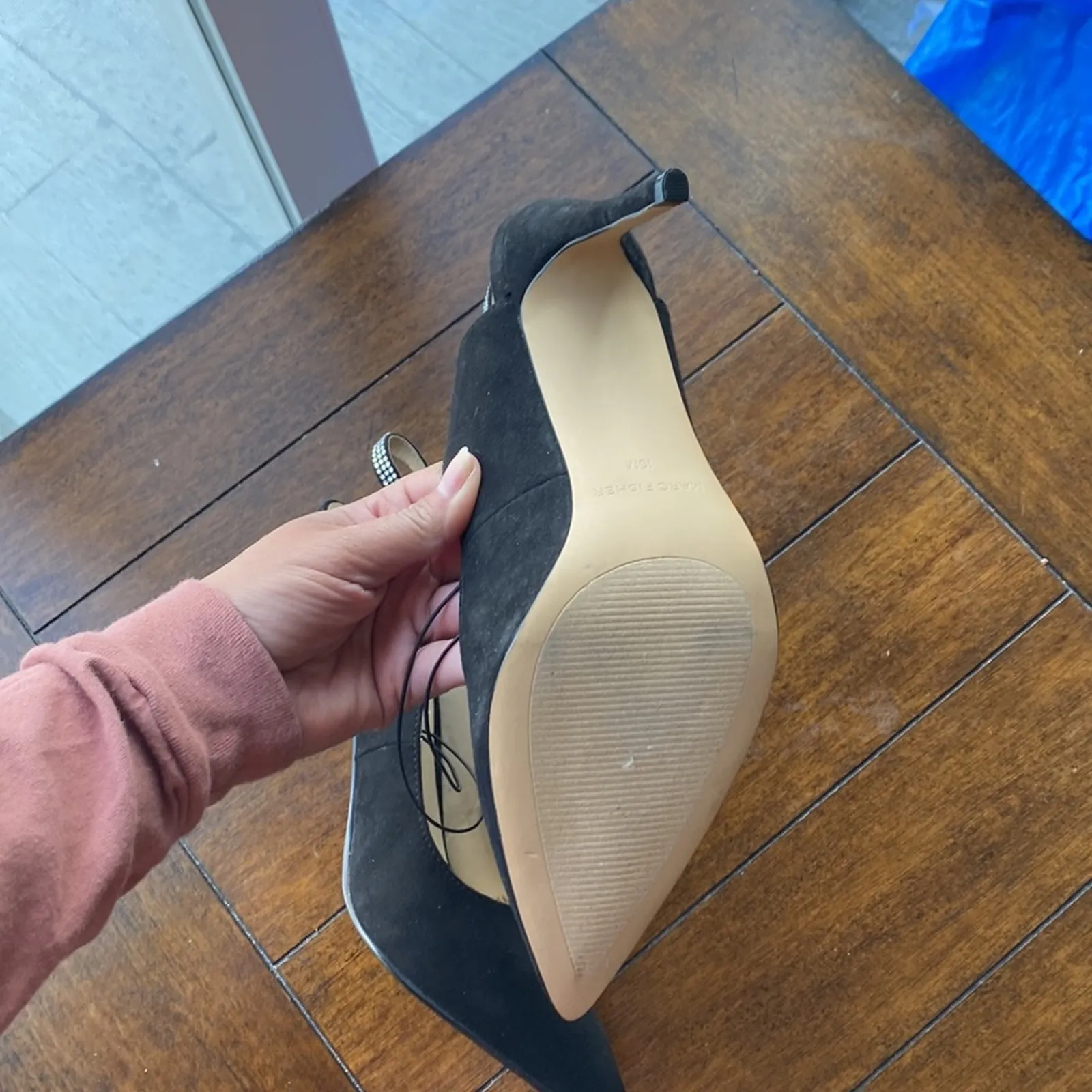 Marc Fisher black suede sparkle studded back strap pump size 10 slingback - Image 8