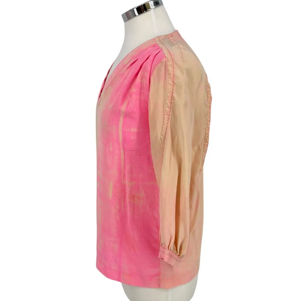 Diane Von Furstenberg Neon Spray Tie Dye 100% Silk Blouse Pink Peach Size 4 - Image 6