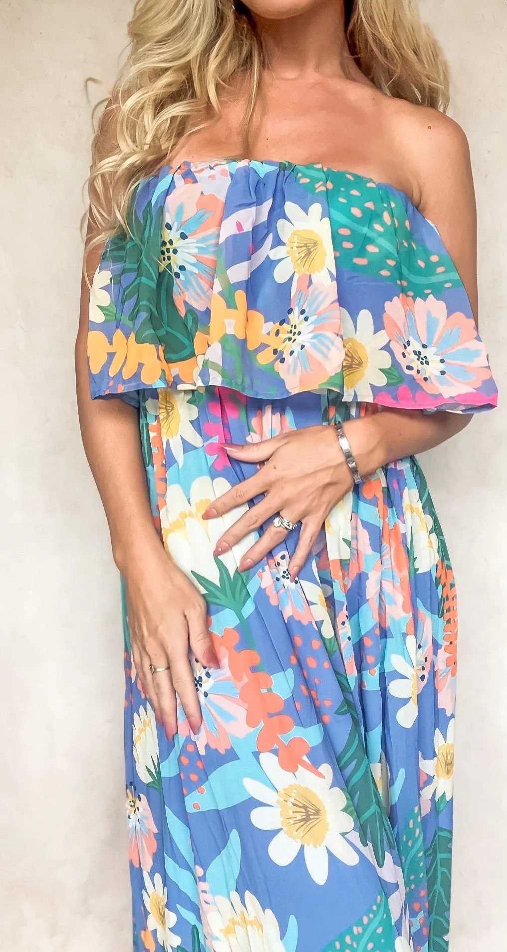 Tropical Blue And Floral Maxi Strapless Tube Dress - Image 2
