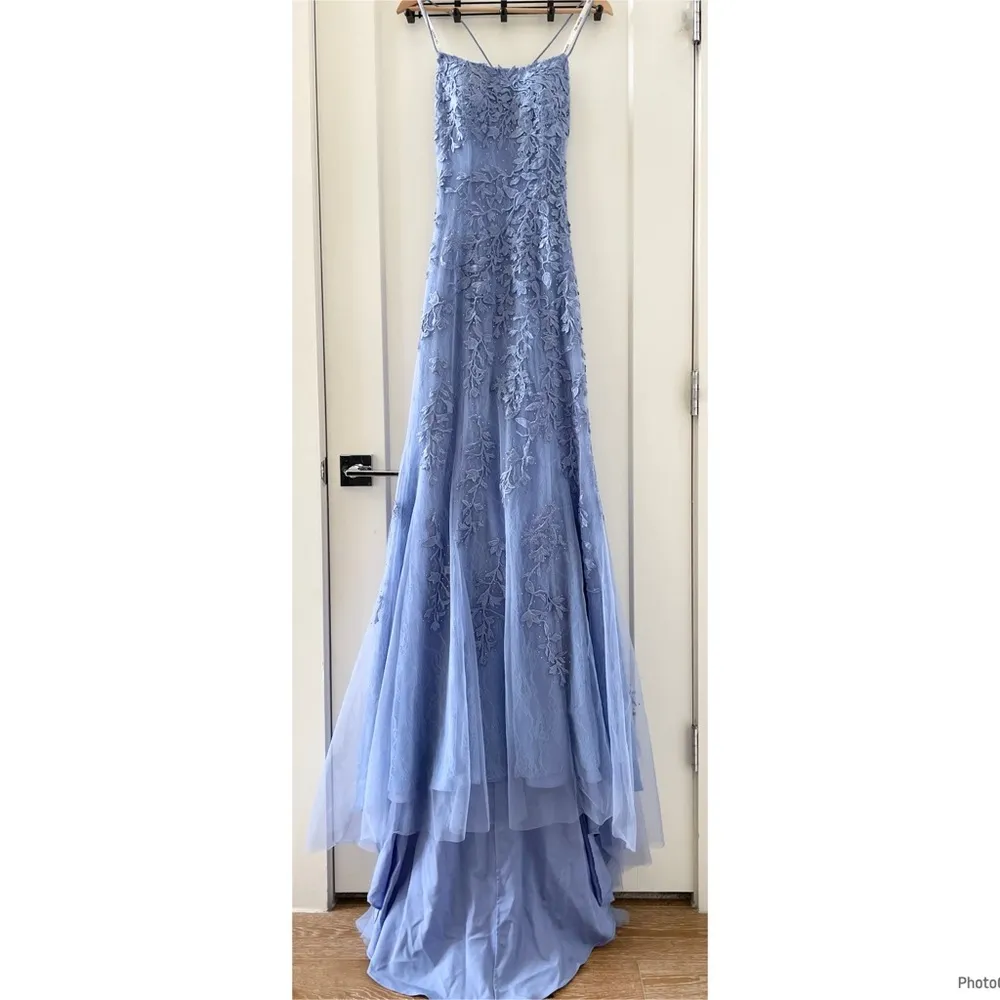 Sherri Hill Blue Lace Evening Gown Mermaid Medium Tail Prom Dress Party Size 6 - Image 4