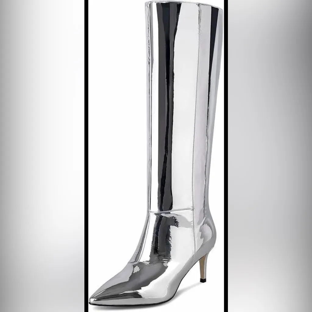 Wet Kiss Knee High 2.5” Stiletto Heel Pointed Toe Side Zipper Boots Festival 7.5 Silver - Image 5
