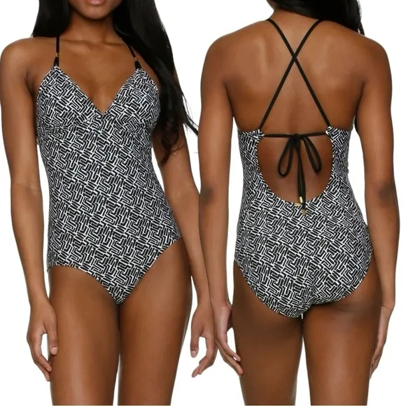 Helen Jon Tie Back One Piece in Sunset Key Black White XL Gold Beads Swimsuit - Image 2