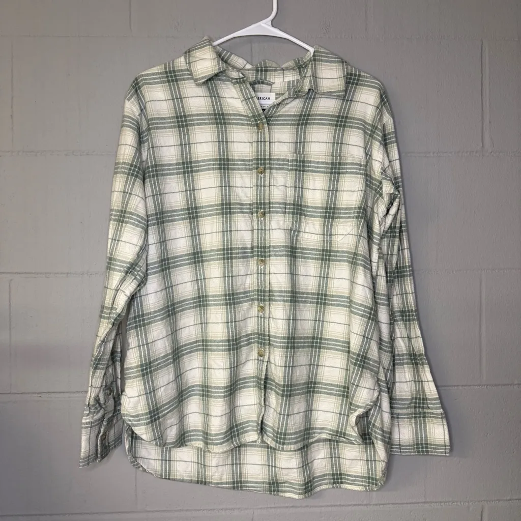 American Eagle Green Oversized Plaid Flannel Shirt Women’s Sz Small 100% Cotton - Image 5