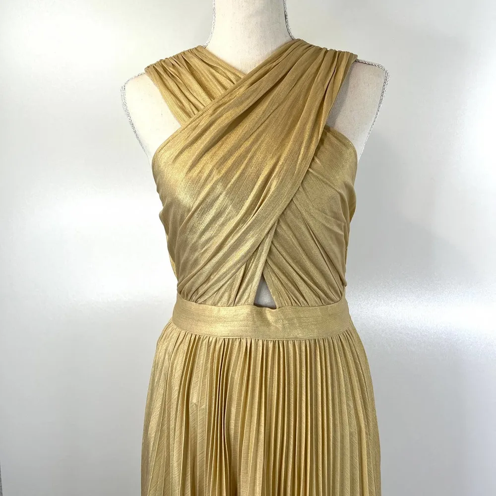 Anthropologie Pleated Halter Midi Dress Gold Verb by Pallavi Singhee Metallic - Image 6
