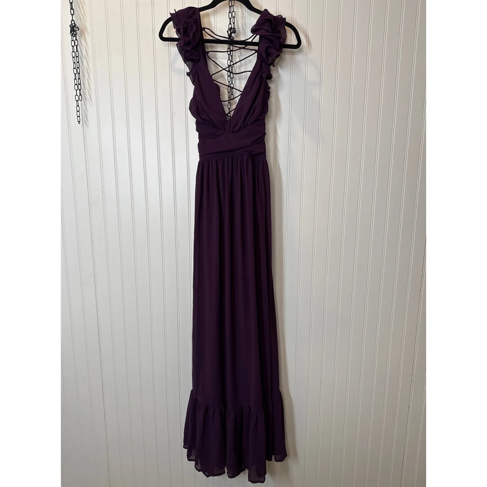 NWOT Lulus Soiree Celebration Purple Ruffled Lace-Up Maxi Dress Bridesmaid Sz L - Image 3