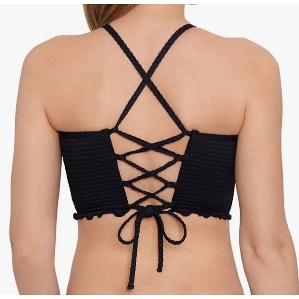 Salt + Cove Seersucker Lace-Up Tankini Top Black Size Medium - Image 2