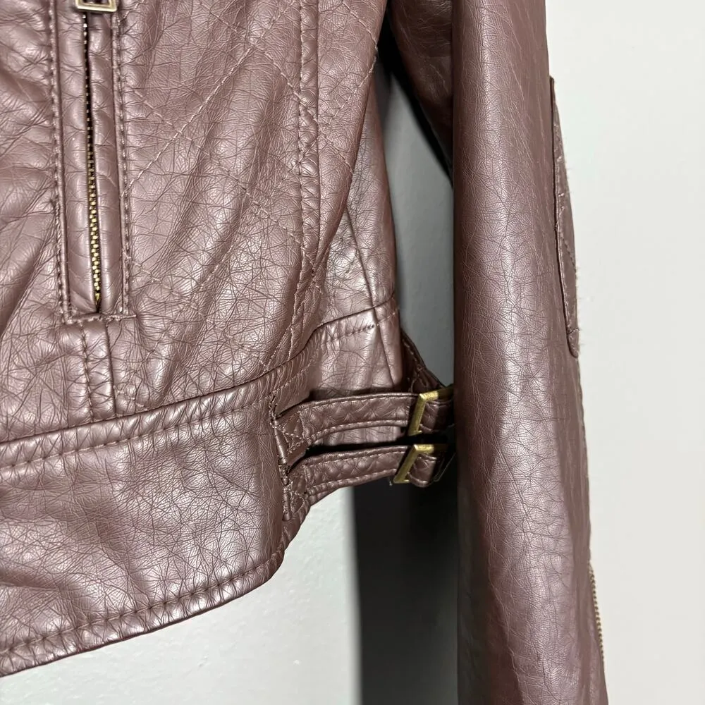 Bongo Brown Vegan Leather Quilted Accent Moto Jacket - Size Small - Junior Biker - Image 4