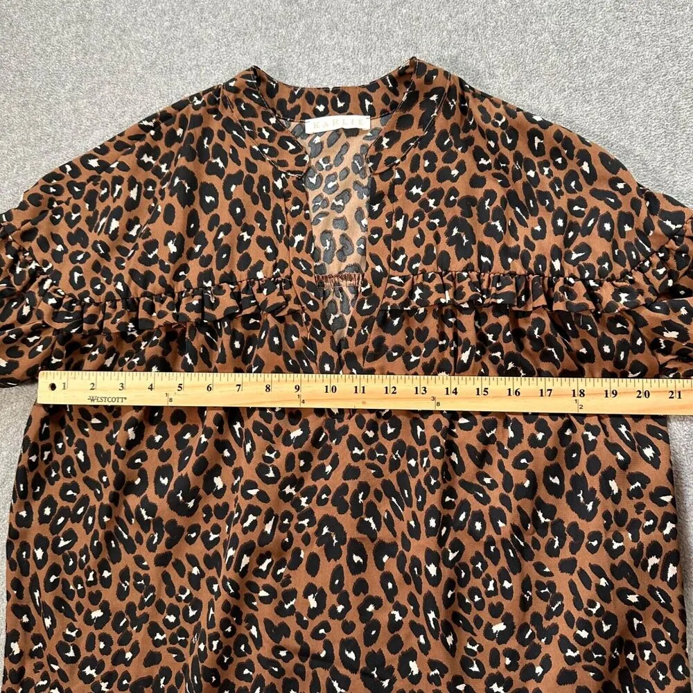 Karlie Leopard Print V-Neck Ruffle Blouse Women's Small Oversized 3/4 Sleeve - Image 6