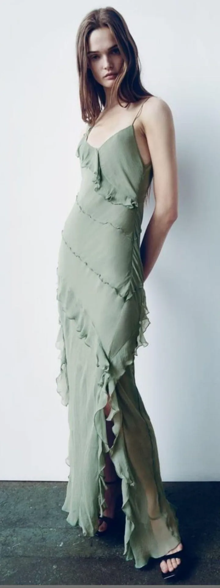 sage green ruffled maxi dress - Image 2