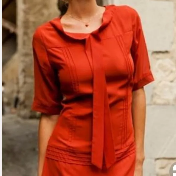 Shabby Apple Rust Orange Retro Fit & Flare Dress with Bow Neck – Size 0/2 - Image 3