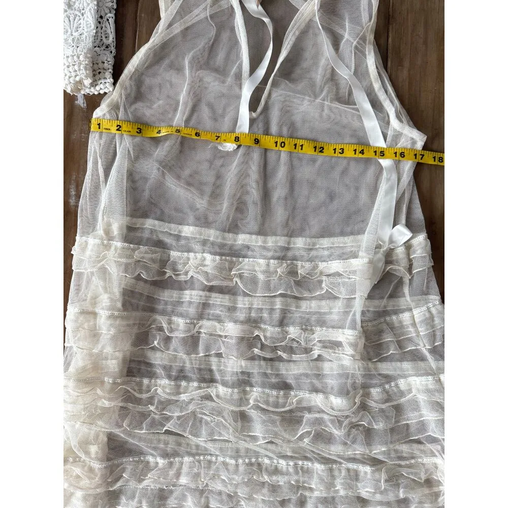 Free People Ivory Sheer Mesh Ruffle Tunic Mini Dress XS Romantic Boho Festival - Image 3