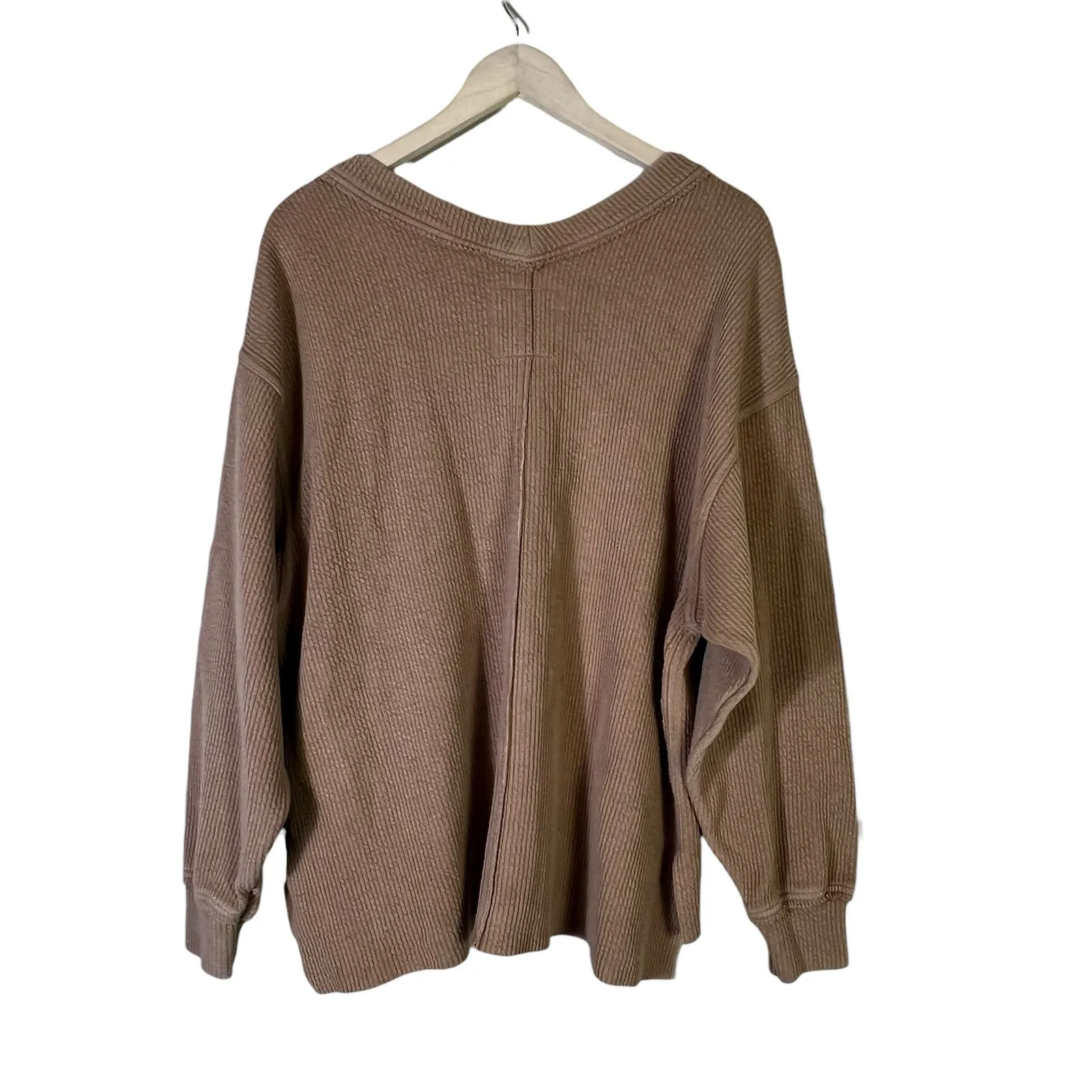 Aerie Wonder Textured V-Neck Long Sleeve Sweatshirt Womens S Brown Clean Girl - Image 5