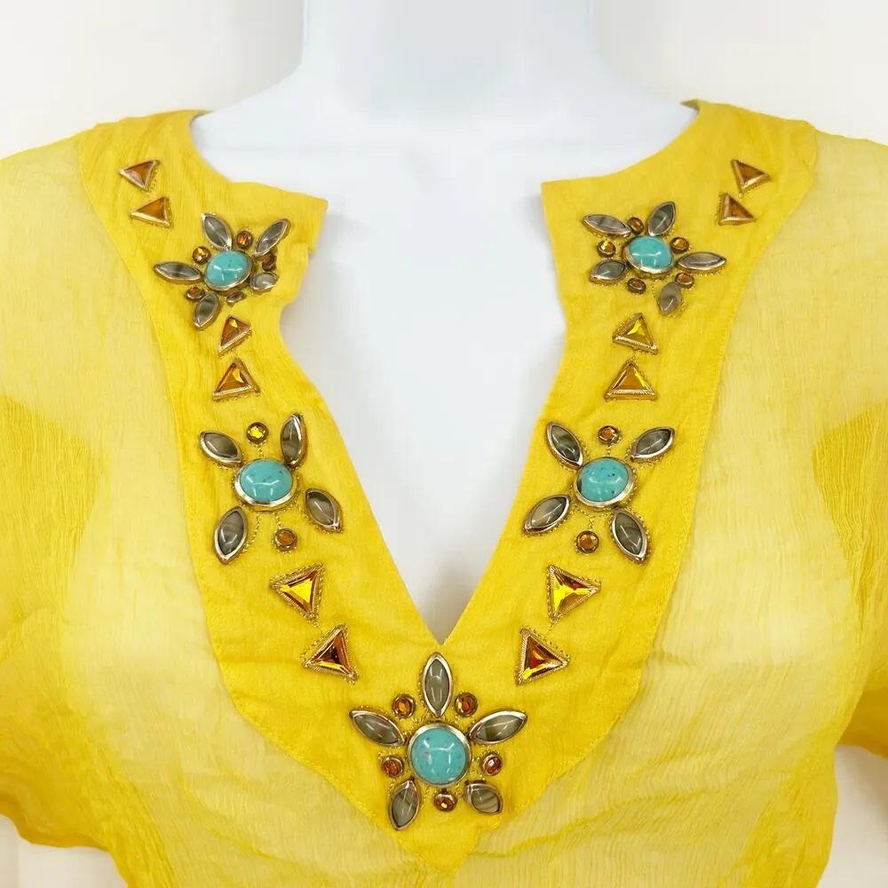 Baby Phat Womens Y2K Vintage 100% Silk Beaded Sheer Tunic Top Cover Up XL Yellow - Image 2