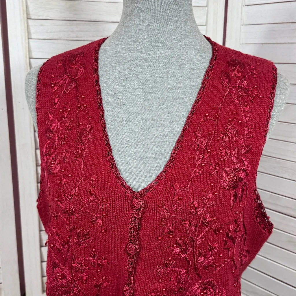 Vintage 90s Heirloom Collectibles Embroidered Beaded Sweater Vest Red Medium - Image 5
