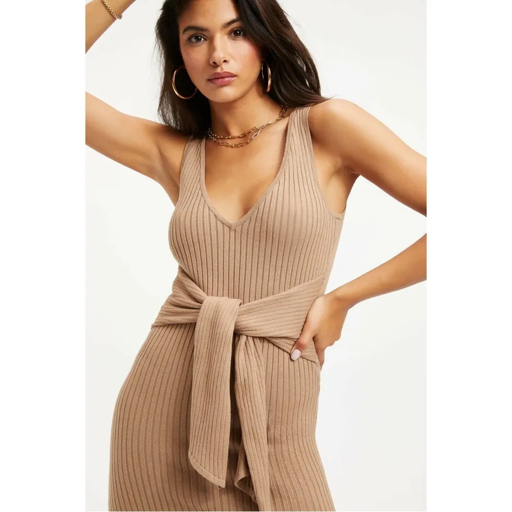 Good American Belted Ribbed Body‎ Dress in Taupe Size 2 - Image 2