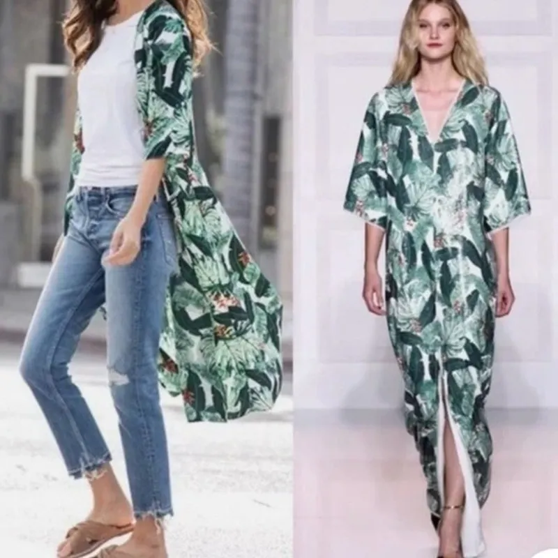 Rachel Zoe Los Angeles Palm Print Duster Jacket Kimono Coverup - Image 11