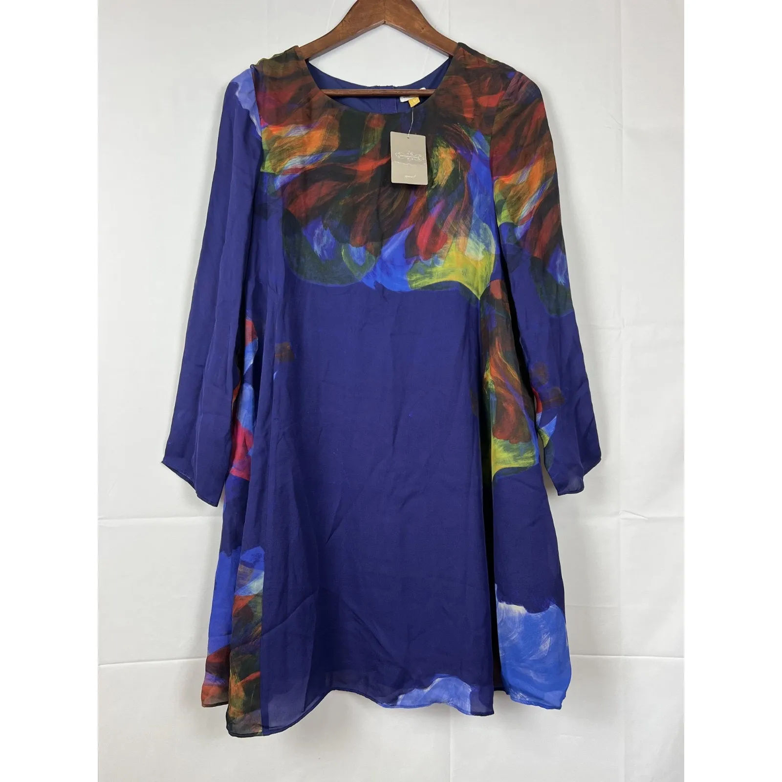 Anthropologie Leifsdottir Blue Silk Swing Dress Abstract Floral Back Zip M - Image 3