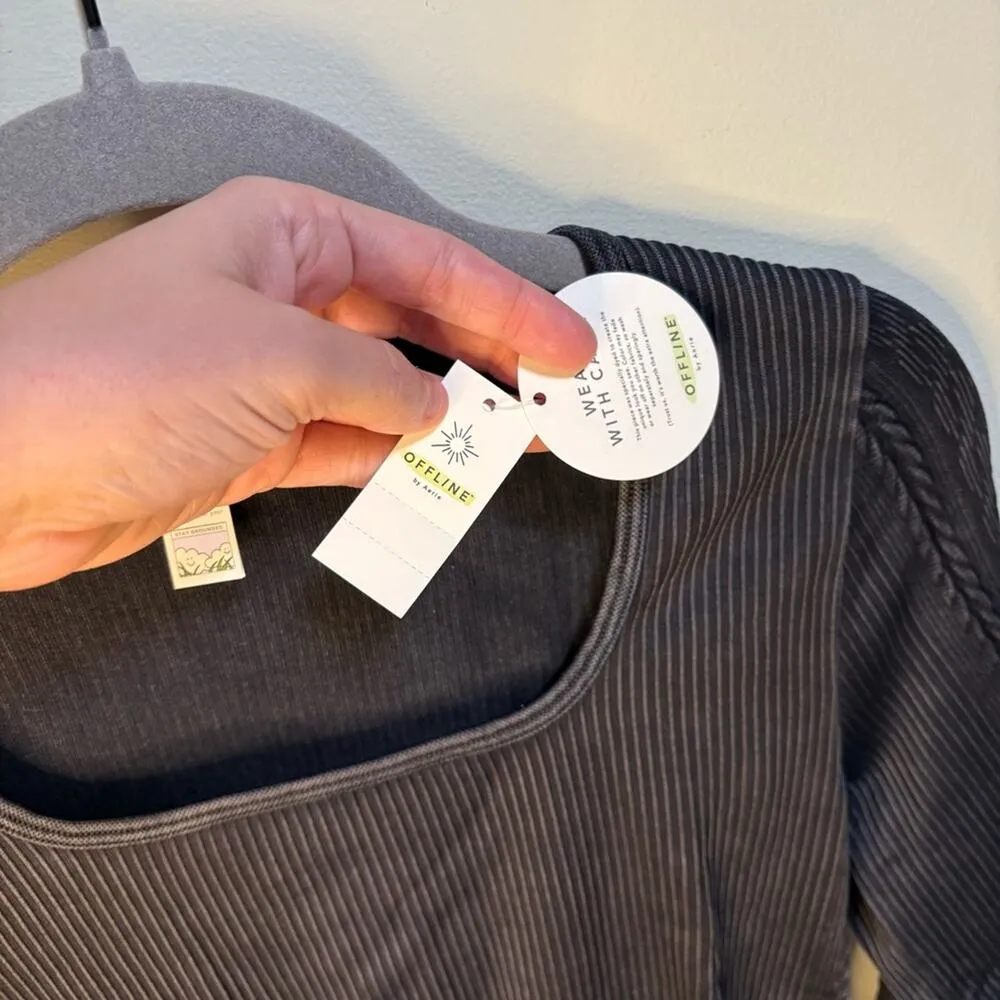 Offline by Aerie Black Ribbed Crop Medium Fitted Long Sleeve Contemporary Boho - Image 9