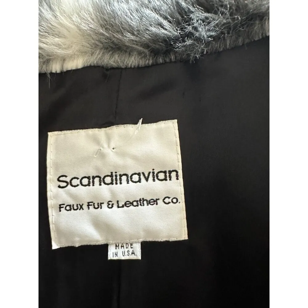 Scandinavian Faux Fur Coat Oversized Grey Striped Fox Mob wife Trim Sz 1X 90s Black - Image 4