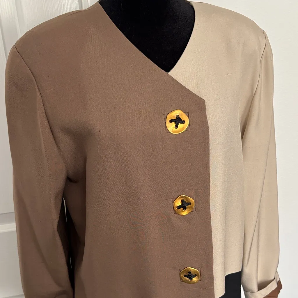Steve Fabrikani Vintage NWT Color Block Long Sleeve Dress with Gold Accents Tan Size 12 - Image 2