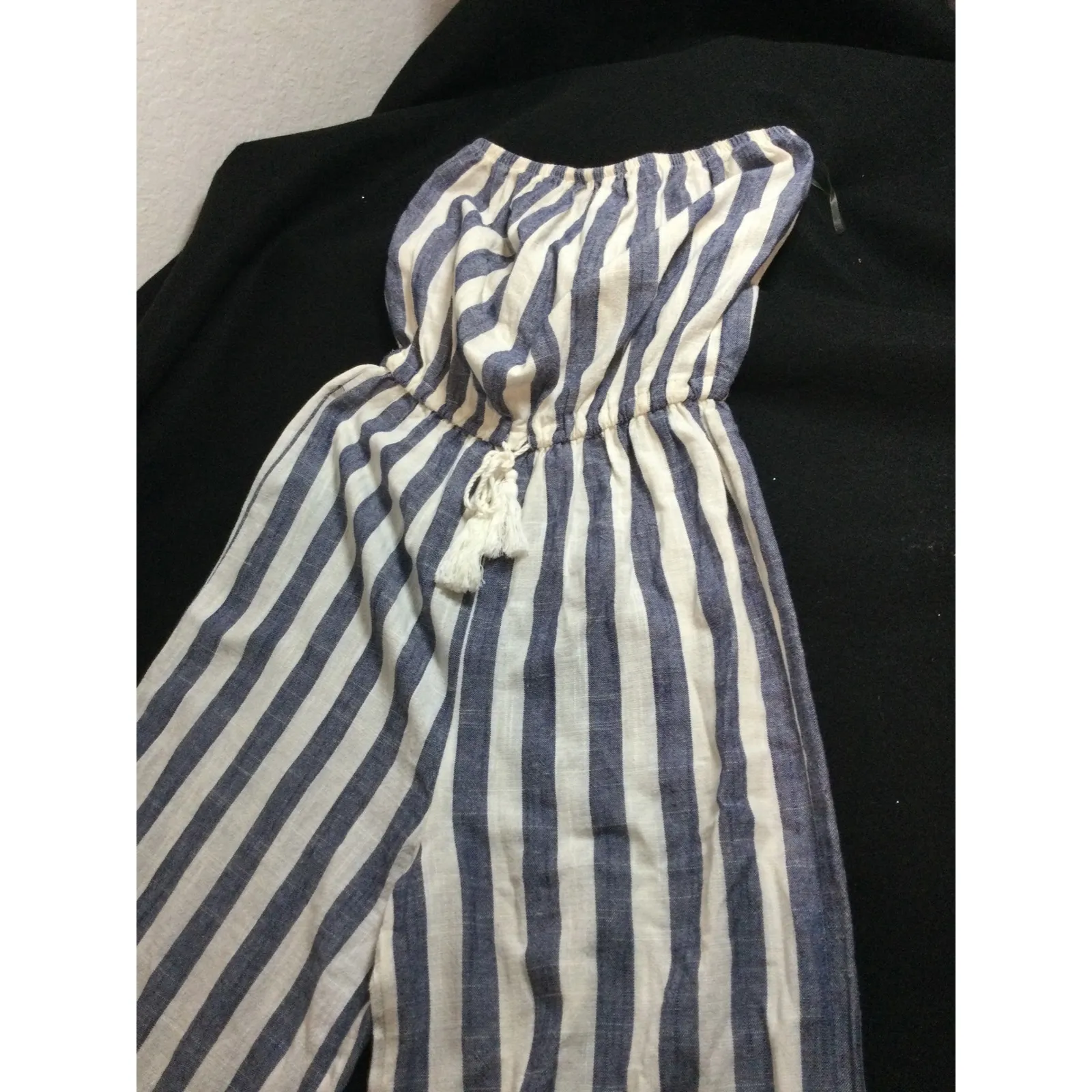 Striped Jumpsuit Strapless Wide LegDrawstring Waist Beach Casual Summer Romper S Blue - Image 8