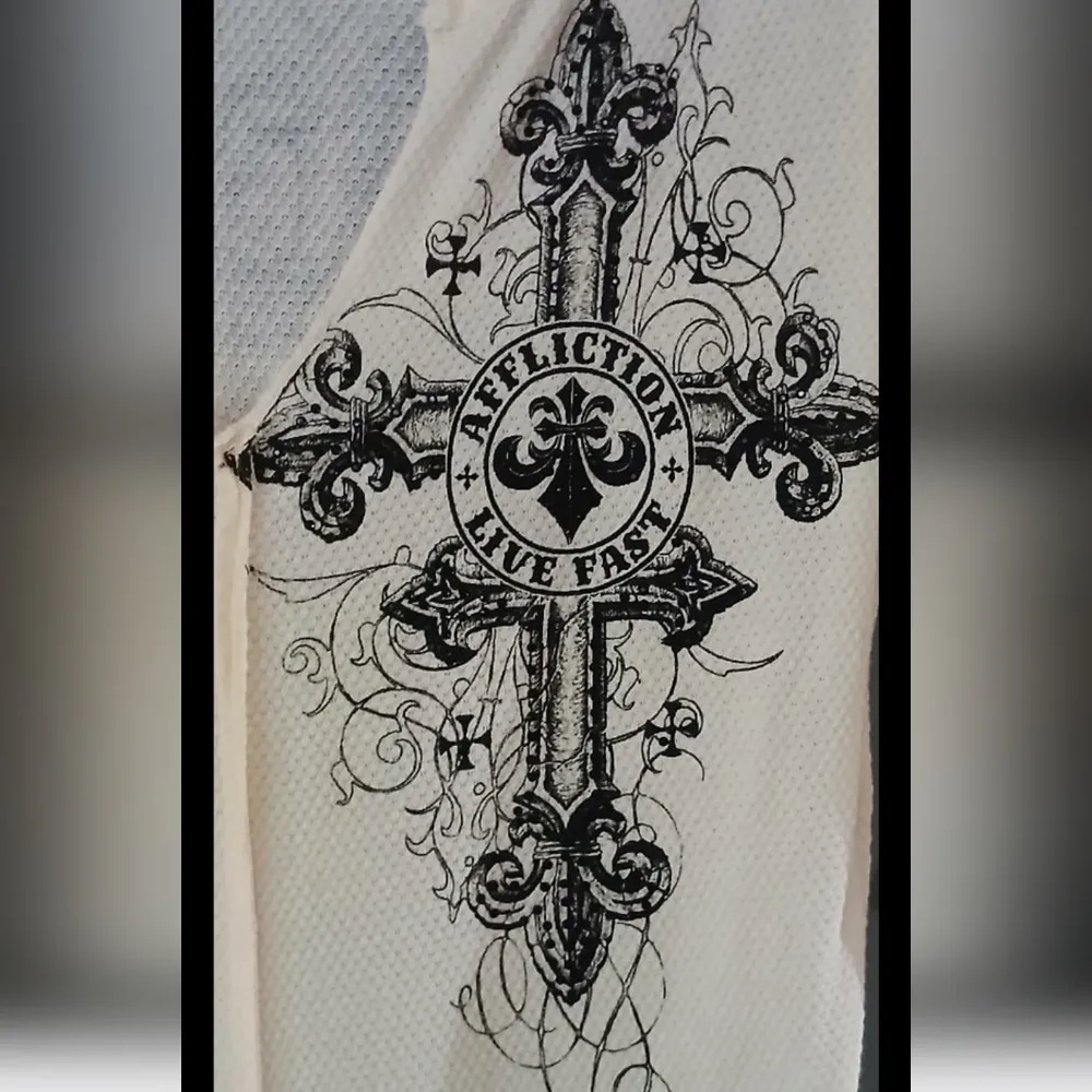 Affliction Cream and Black Cut Out Graphic Blouse - Image 3