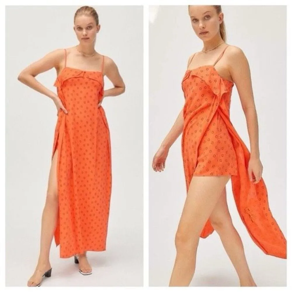 Urban Outfitters Orange Linen Ooh La La Side Slit Romper Maxi Dress Size S - Image 2