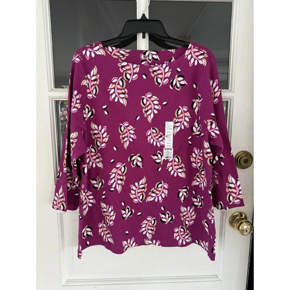 Croft & Barrow Women's Size XXL Plum Leaf Boatneck Top 3/4 Sleeve NWT Cotton GD - Image 6