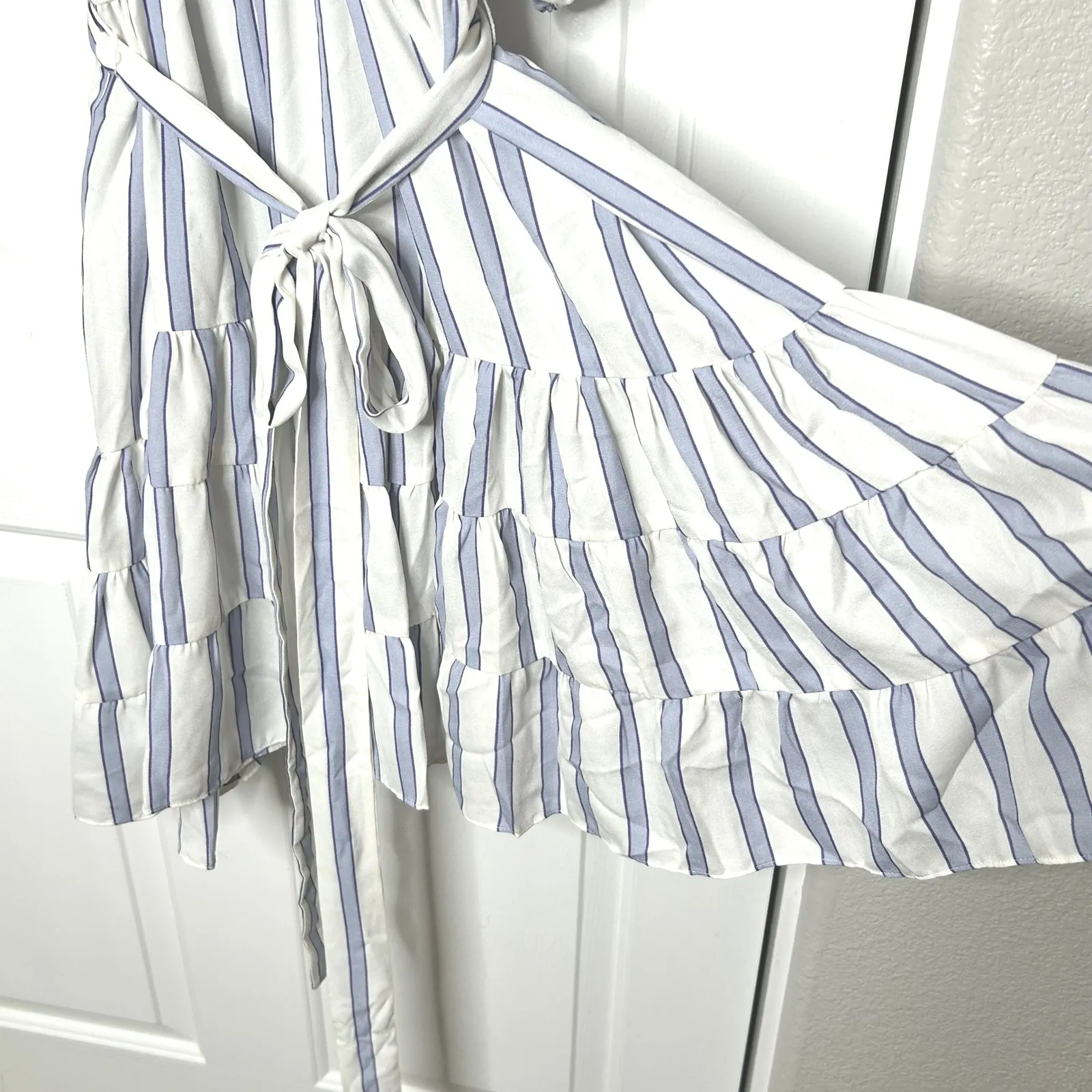 Maison Tara NWT Striped Mini Dress Tiered Ruffle‎ Tie Waist 3/4 Sleeve 20W White - Image 6