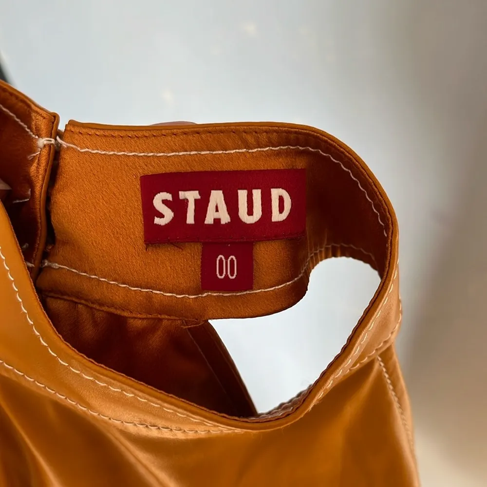 STAUD Siciliy Halter Mini Faux Leather 70s Honey Color Dress - Image 12