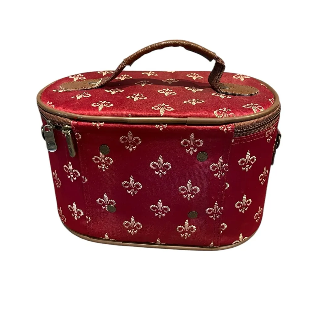 Red Fleur De Lis Cosmetic Toiletries Train Case Travel Bag - Image 4