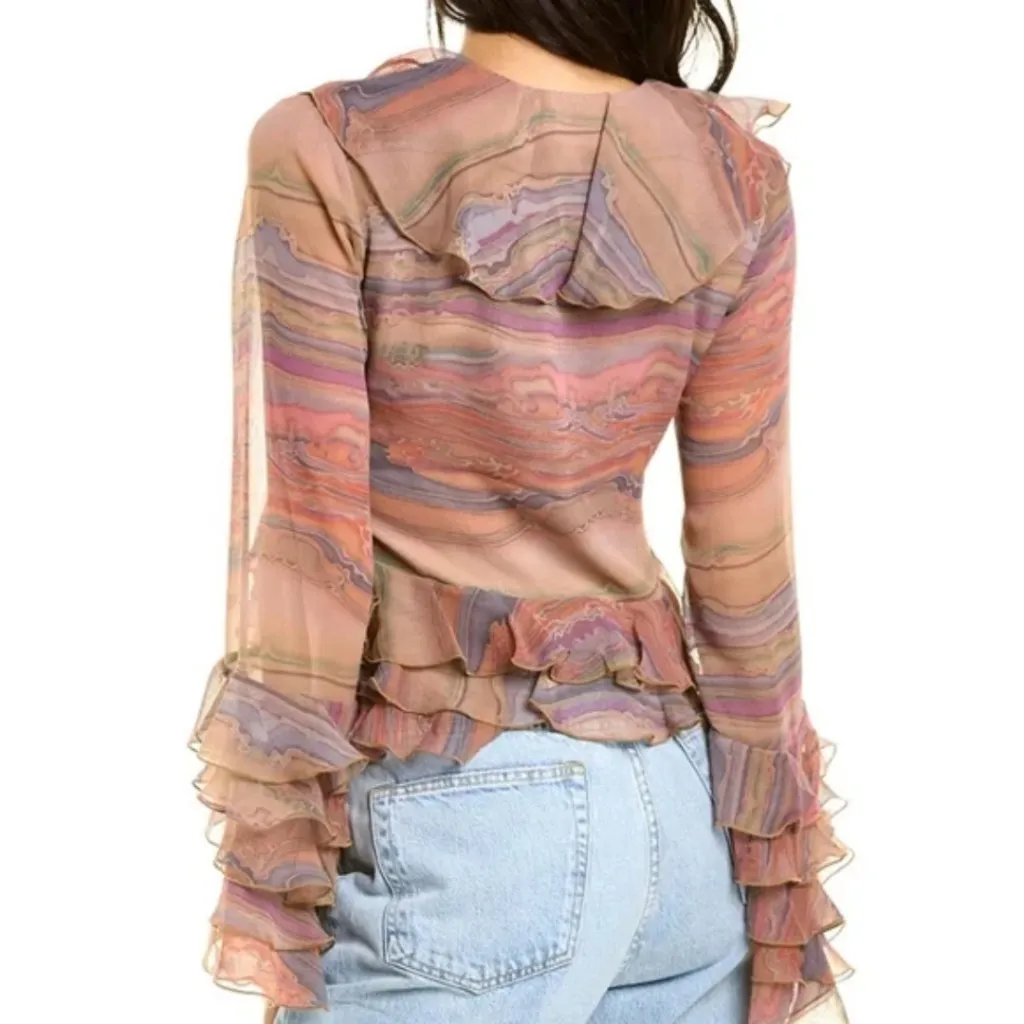 NWT Ronny Kobo Nova Marble Desert Ruffle Blouse Sz S Beige/Purple Multi Tan - Image 2