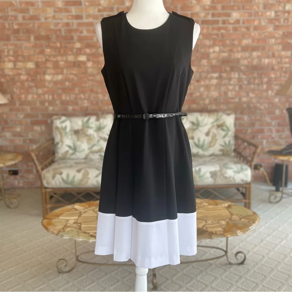 Calvin Klein Dress Color Block Knee Length Black White Sleeveless Belted 8 - Image 4