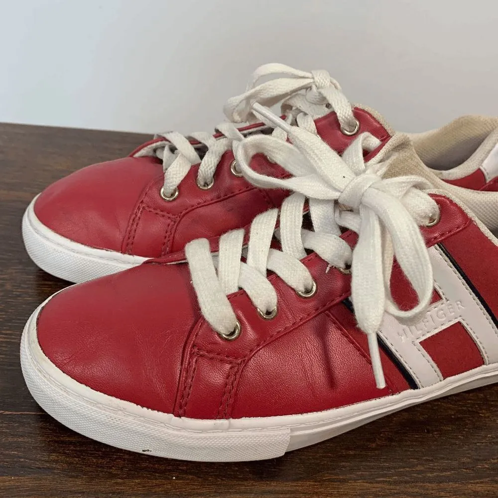 Tommy Hilfiger Women's Leather Lace Up Round Toe Sneaker Shoes Red White Size 8M - Image 5
