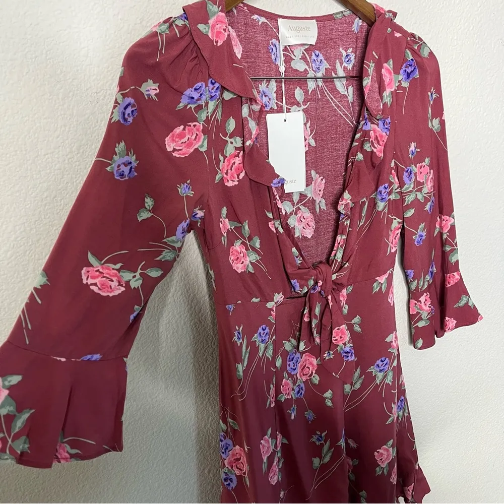 NWT Auguste The Label Pink Floral Dress 1/2 Sleeve Ruffle Mini Womens Size 2 - Image 2