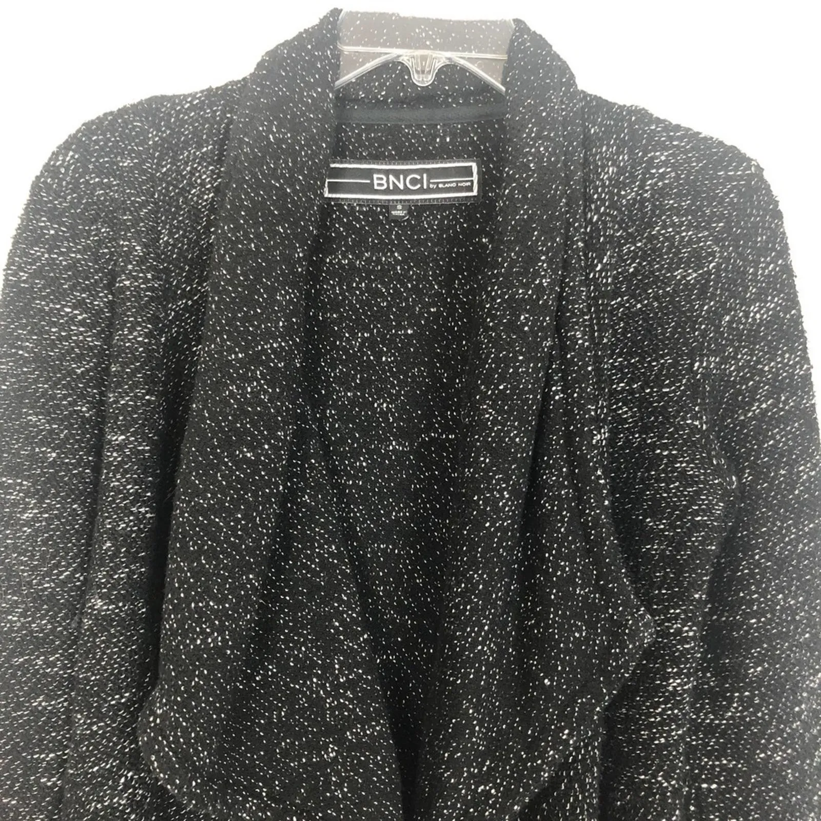 BNCI by Blanc Noir Tweed Drape Front Shawl Collar Cardigan Sweater Size Small Black - Image 5