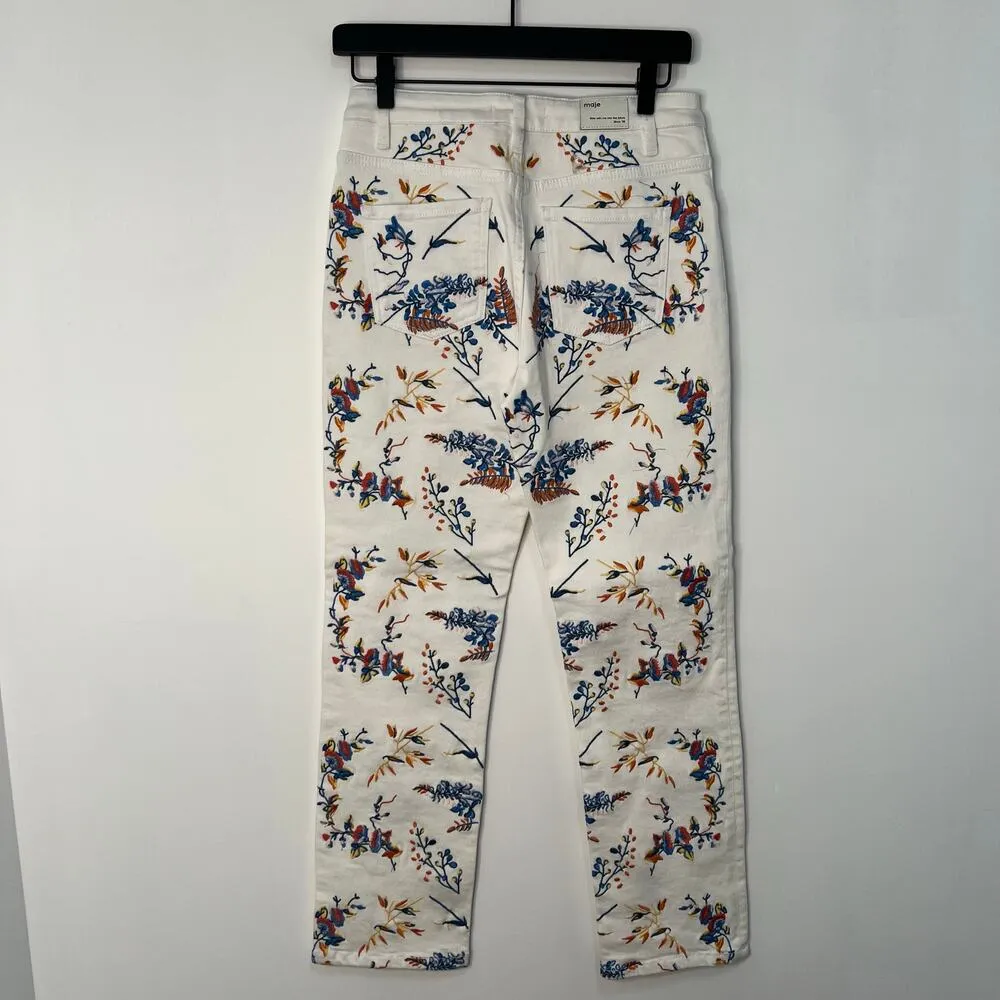 Maje Embroidered Floral Straight Leg Denim Jeans White Blue Size 36 Boho Retro - Image 5
