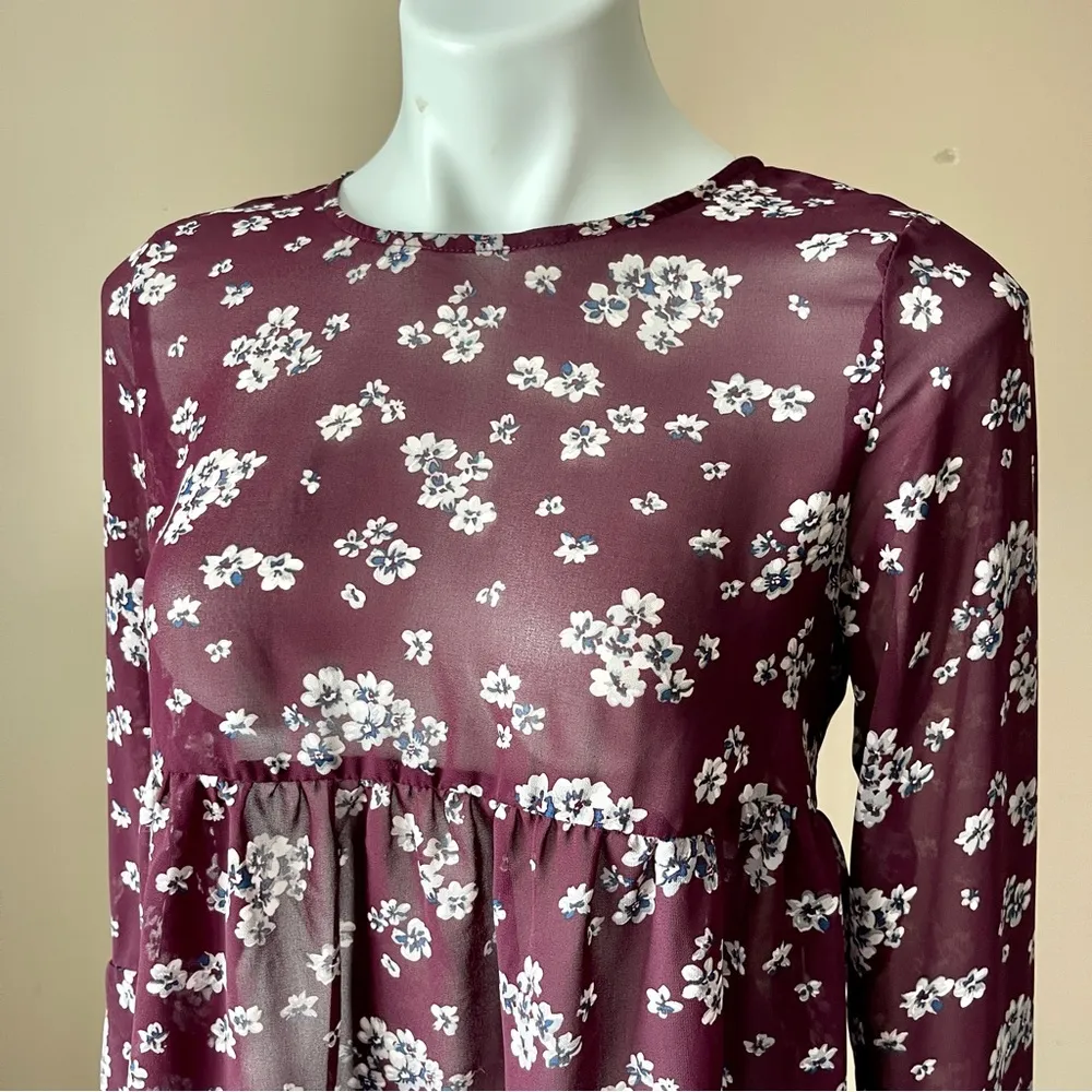 AEROPOSTALE Burgundy Floral Long Bell Sleeve Floral Empire-Waist Sheer Top Sz S - Image 4