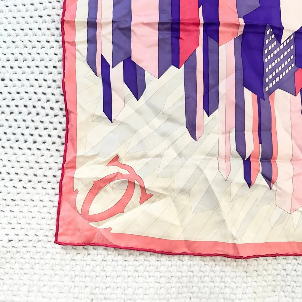 Cartier Pink Purple Ivory Geometric Skyline Cityscape Spellout Silk Square Scarf - Image 8