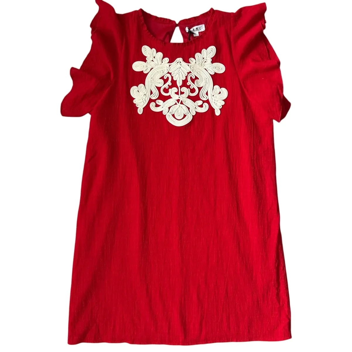 THML Embroidered Cap Sleeve Eloise Mini Shift Dress‎ Red White Size Large - Image 5