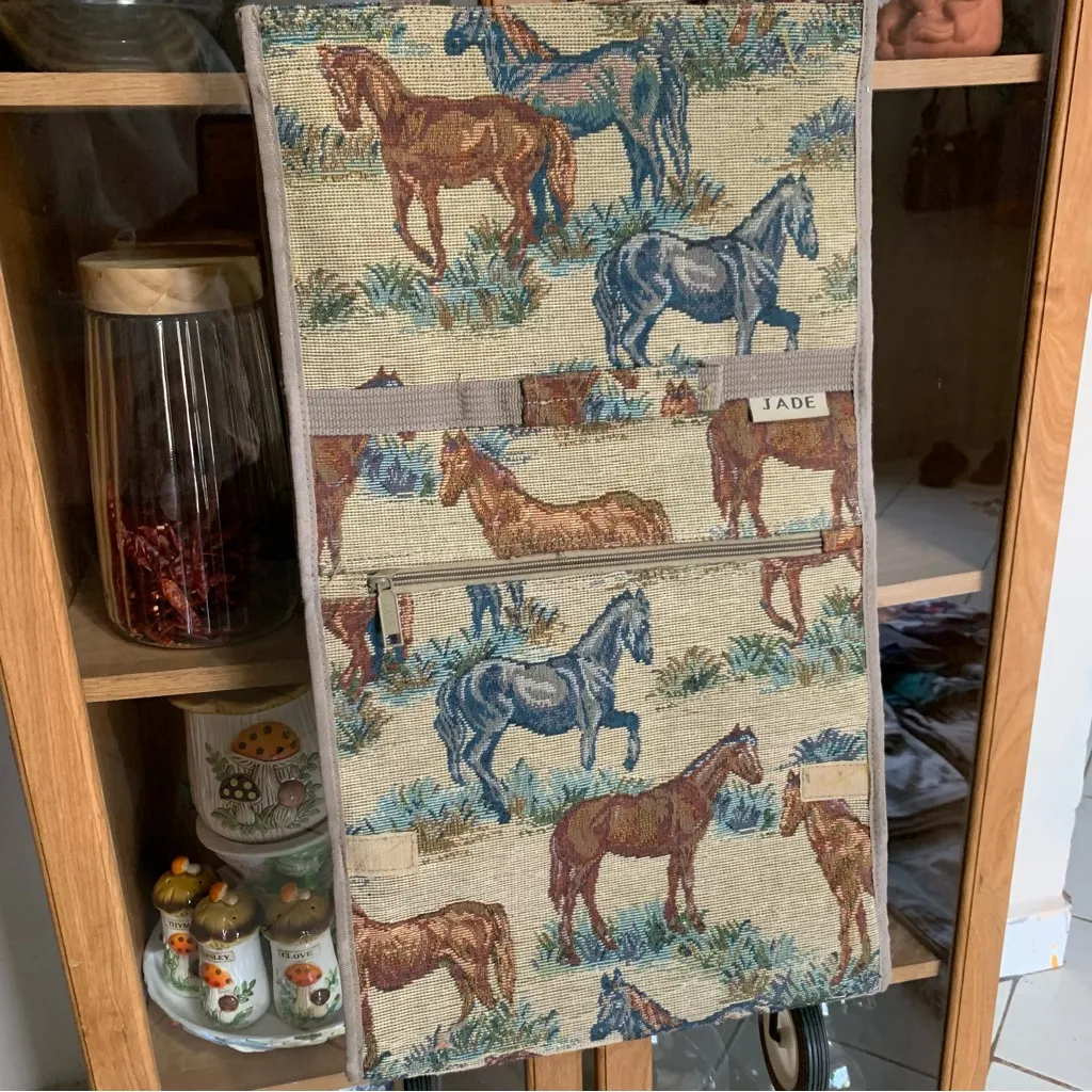 Jade Horse Print Tapestry Rolling Tote Bag Expandable Luggage Bag Folding Wheels Brown - Image 3