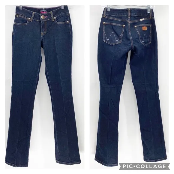 Wrangler premium patch brown leather patch bootcut dark wash western vaquero - Image 2