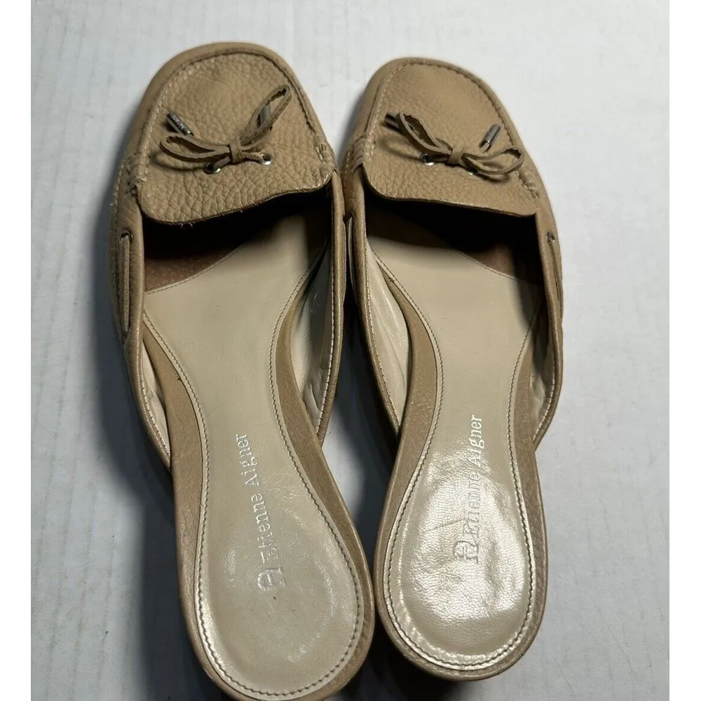 Etienne Aigner Walton Mules Beige Leather Round Apron Toe Low Heel Shoes Sz 9.5M - Image 6