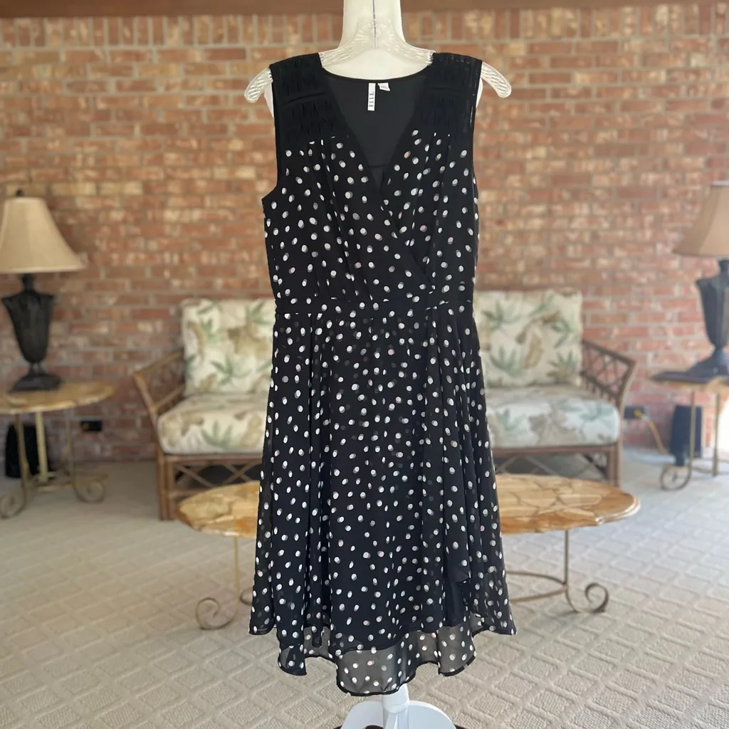 Elle Dress Black Polka Dot Chiffon High Low Fit & Flare XS Cocktail Office Chic - Image 2