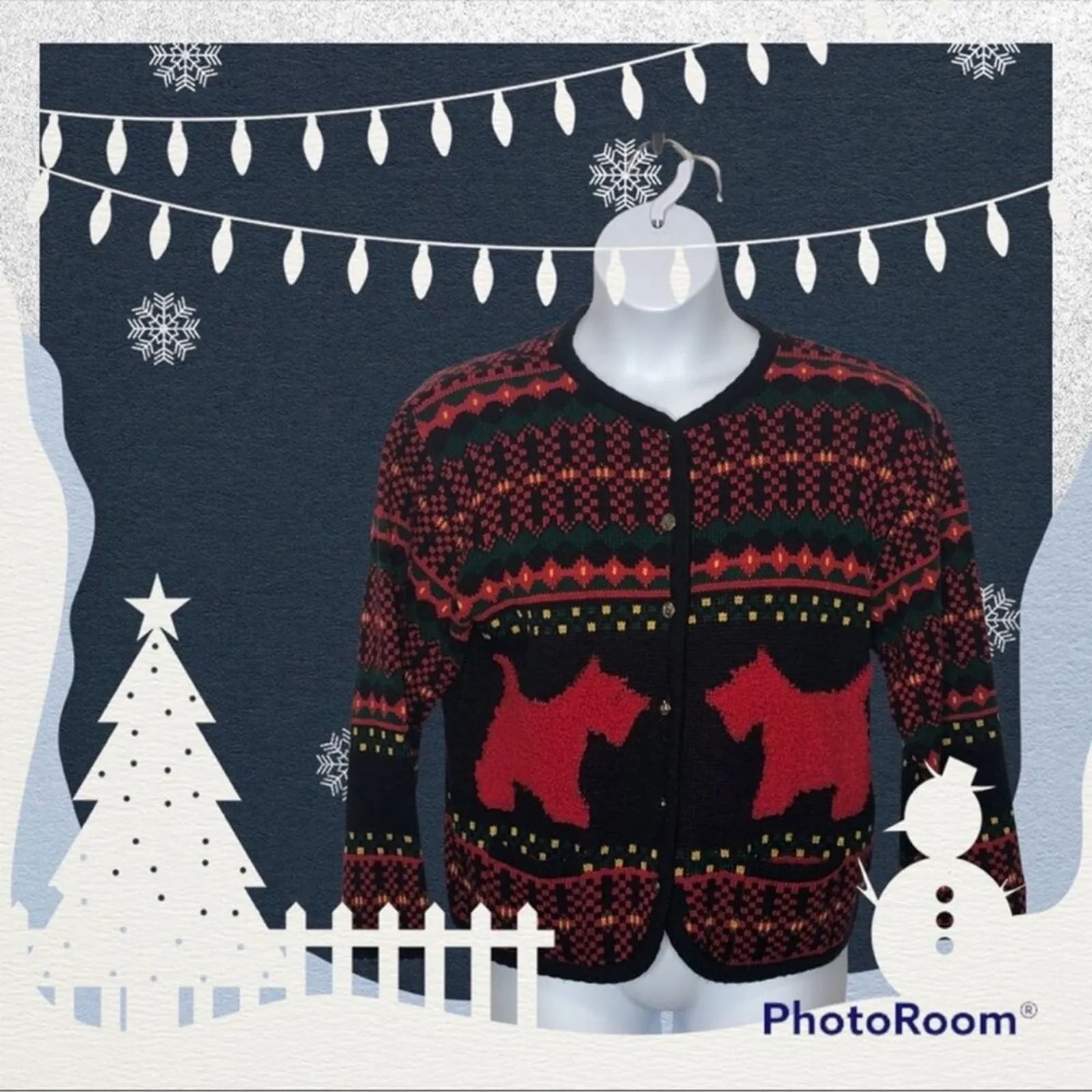 Vintage Casual Corner Scottish Terrier Cardigan M Navy Ugly Christmas Sweater Black Size M - Image 15