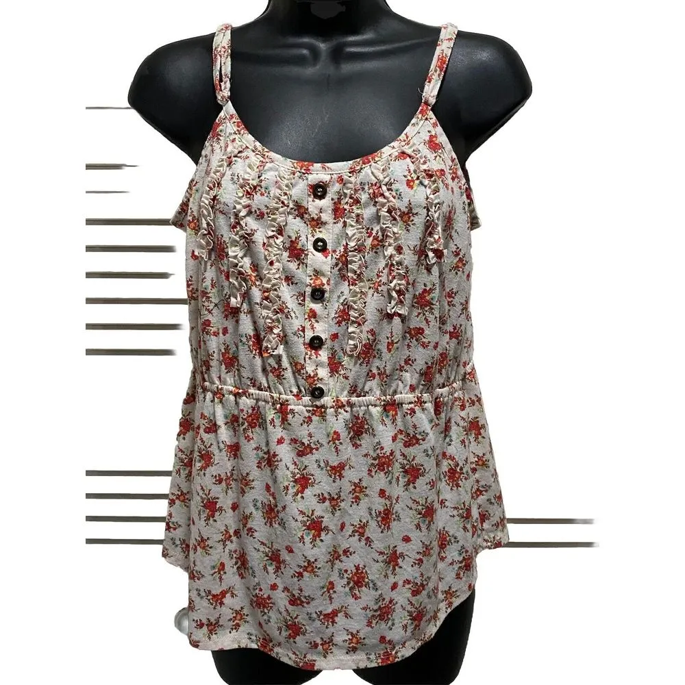Love On A Hanger Floral Cream Orange Sleeveless Ruffle Strap Elastic Top Size‎ L - Image 2