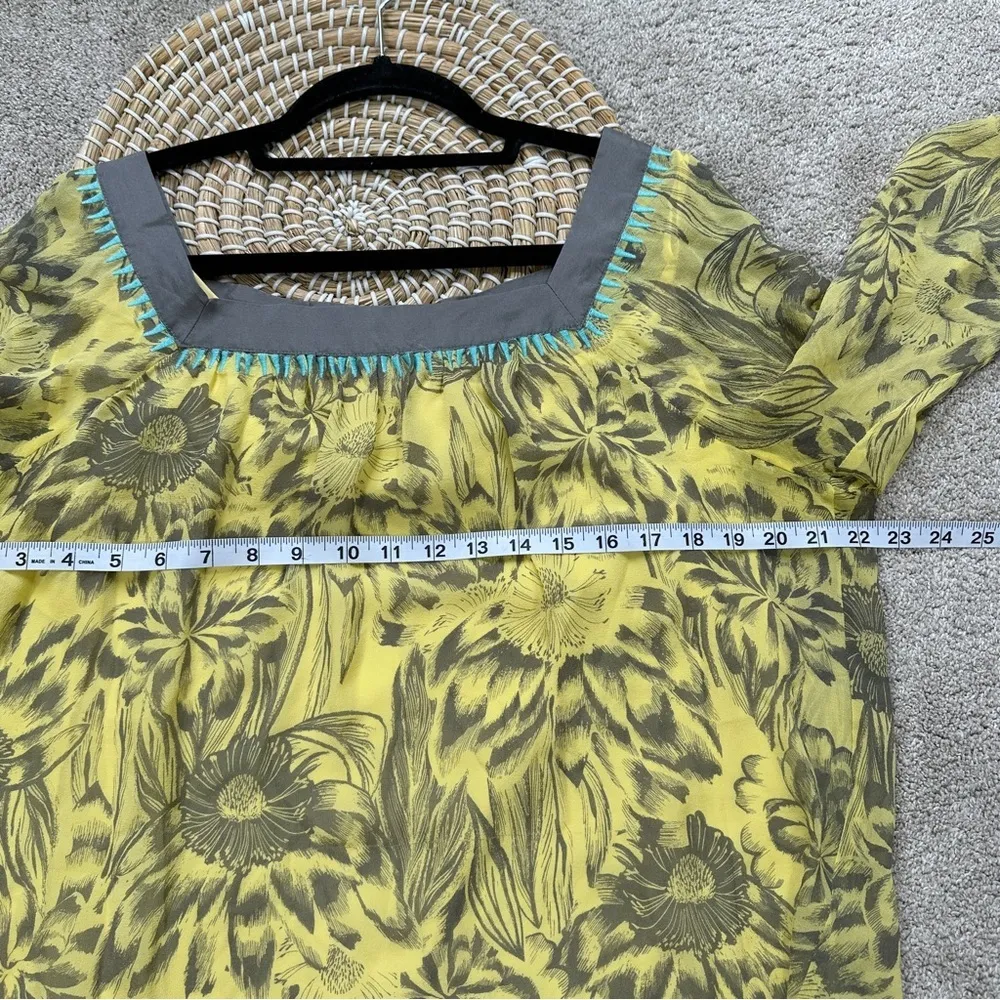 Sundance Women’s 100% Silk Floral Blouse Square Neck 3/4 Sleeve Yellow Gray L Size L - Image 9