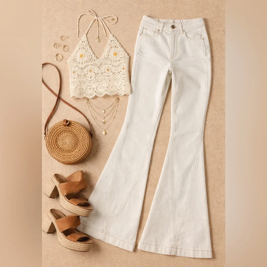 Cream Flare Jeans Panel Seam Boho Y2K Bell Bottom Denim Hippie Festival Sz 1/24 - Image 2