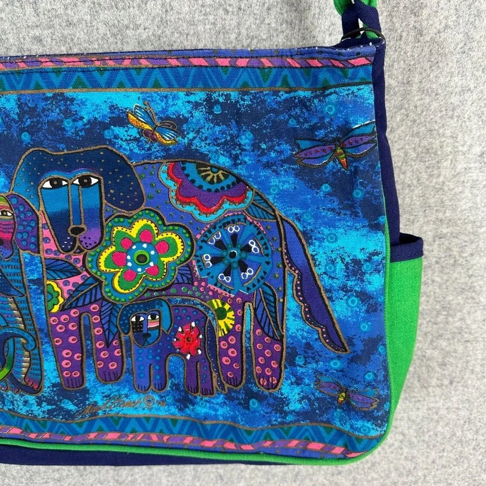 Laurel Burch Purse Shoulder Bag Colorful Vibrant Blue Dogs Sequins Canvas Tote - Image 15