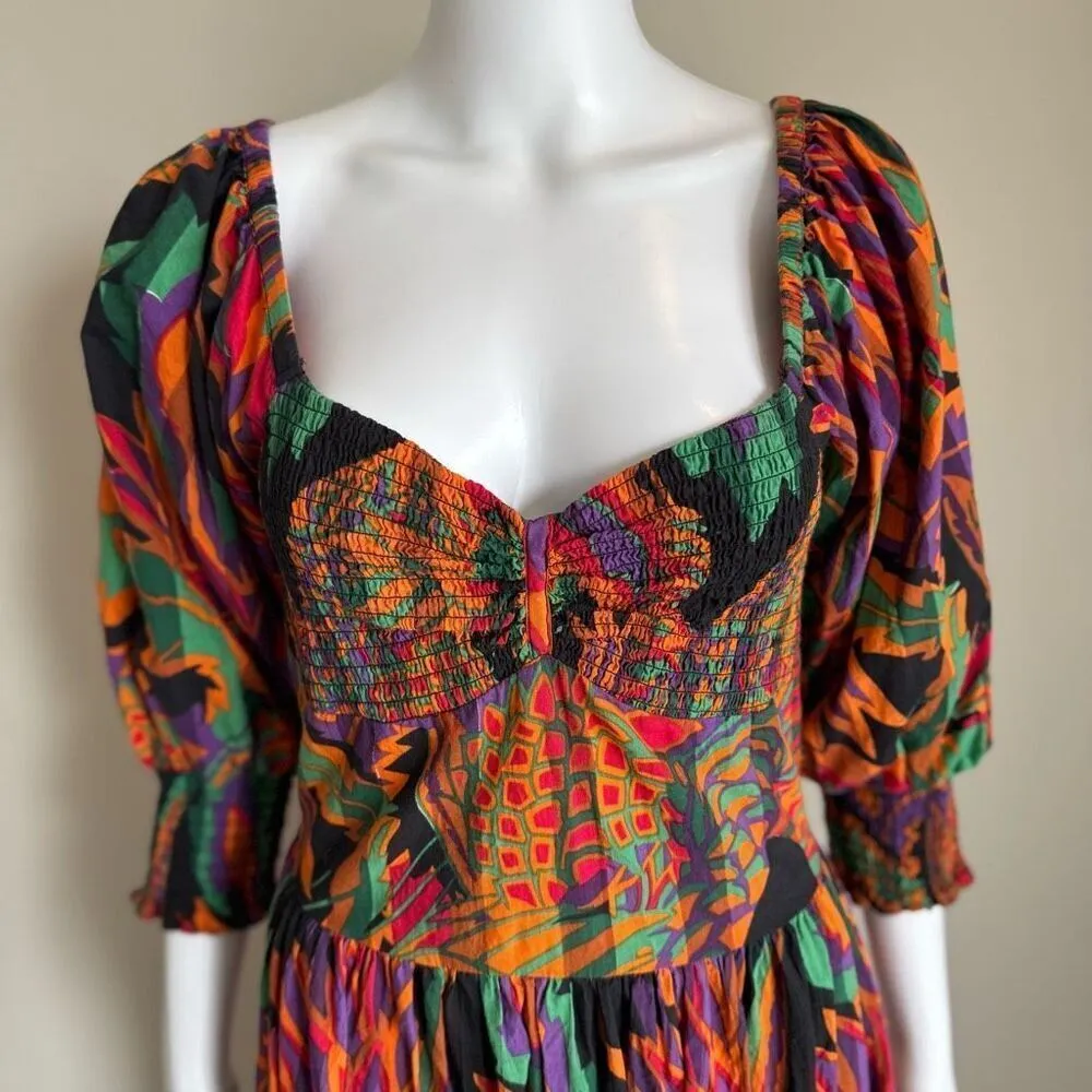 House Of Harlow 1960 Smocked Puff Sleeve Dress Size M White Lotus Purple Size M - Image 6